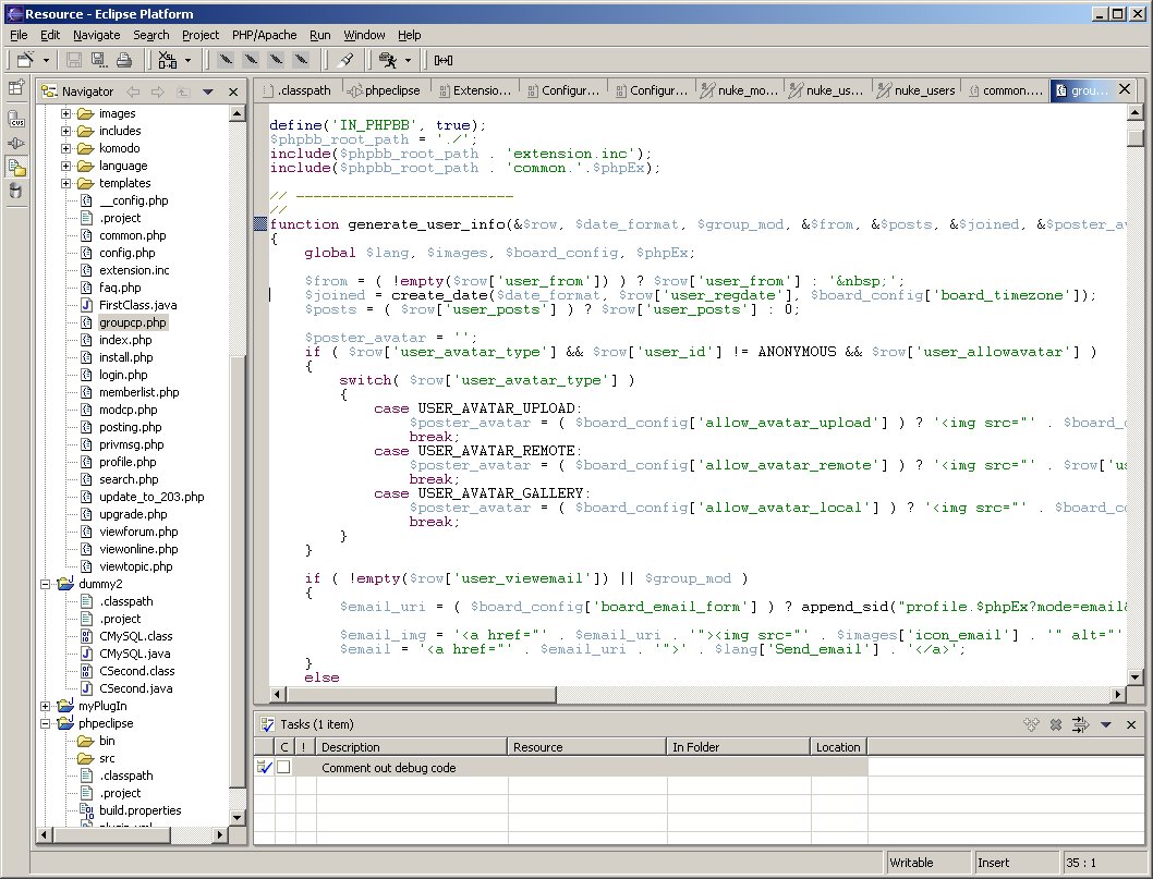 Screenshot of Eclipse running on my desktop, showing an open PHP file
